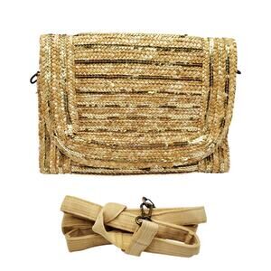 Limited Edition Woven Straw Raffia Golden Sequin Foldover Clutch Shoulder Bag